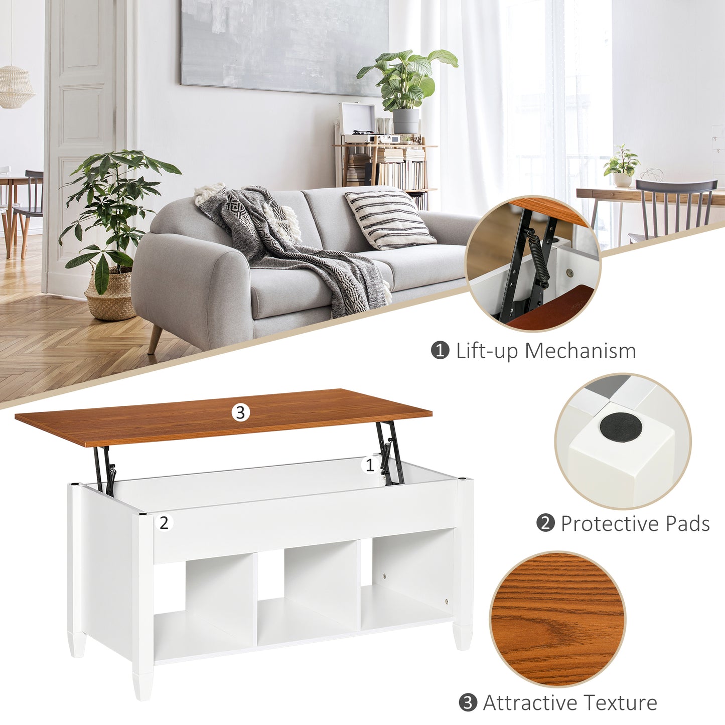 HOMCOM Lift Top Coffee Table with Hidden Storage Compartment and 3 Lower Shelves, Pop-Up Center Table for Living Room, Espresso