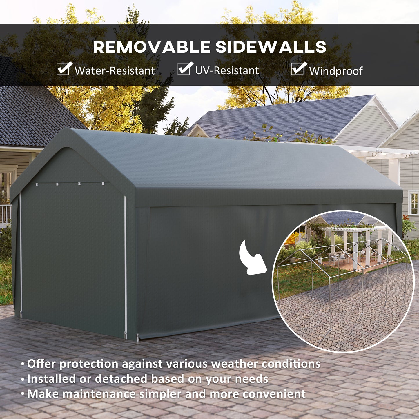 Outsunny Carport, 10 x 20 ft Portable Garage with 2 Roll-Up Doors and Removable Sidewalls for Car, Truck, Boat, Dark Grey