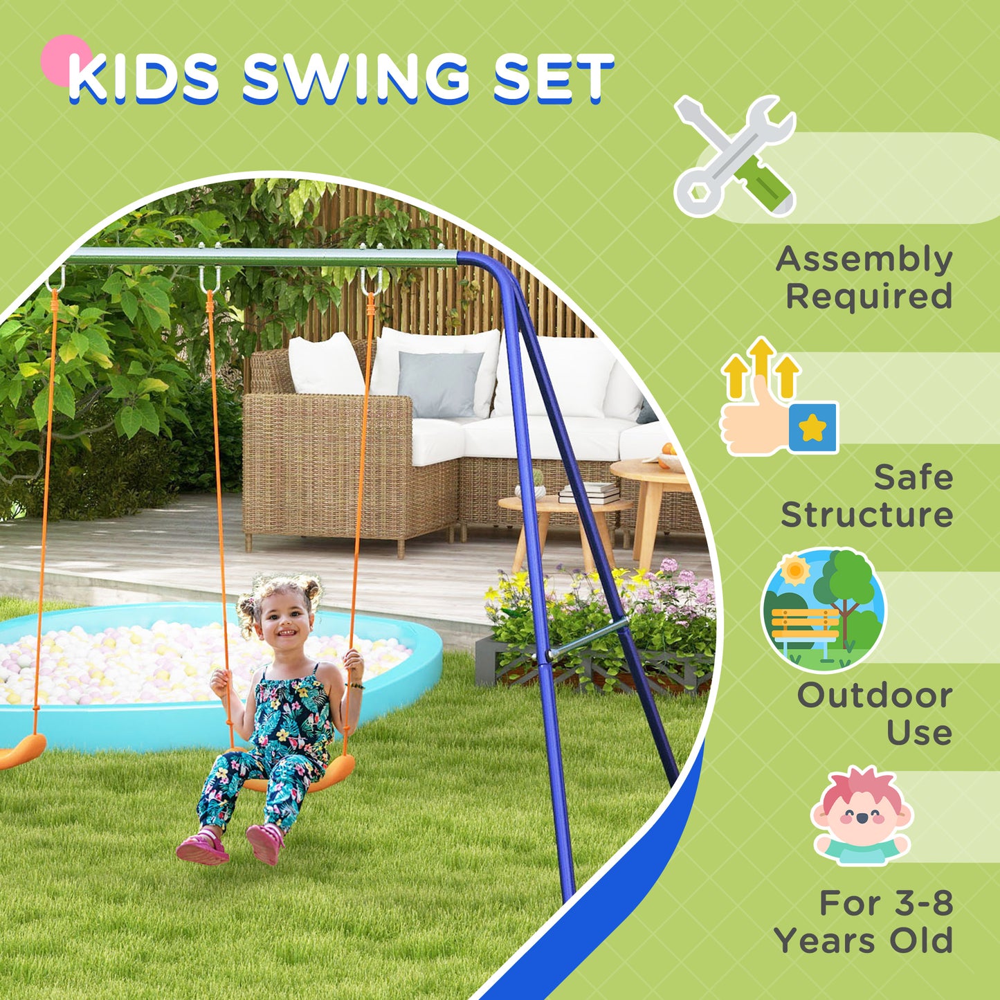 Outsunny Kids Swing Set Outdoor Metal Swing Frame with Double Swing Seats for 1-2 Children Aged 3-8 Years Old