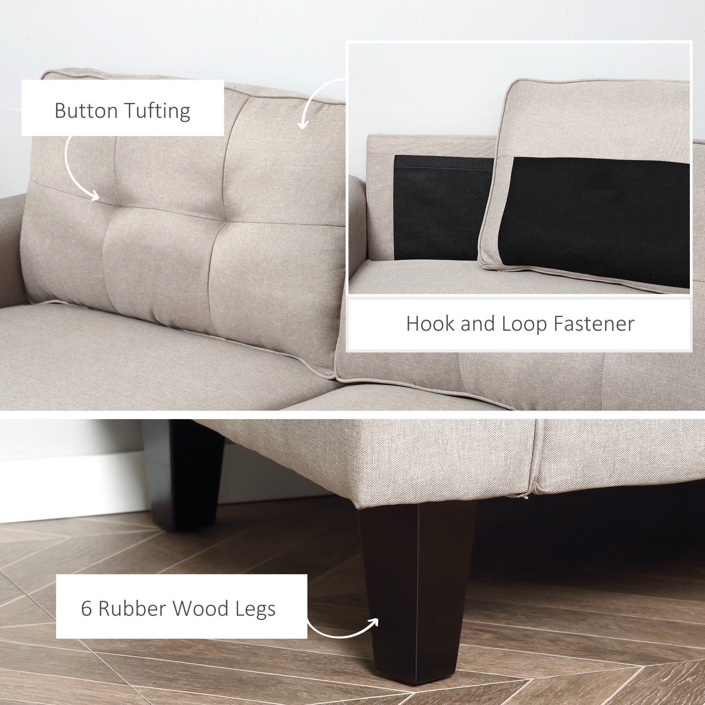 HOMCOM 3-Seater Sofa, Mid-Century Linen Couch with Upholstered Seat, Button-Tufted Back Cushion and Rubber Wood Legs for Living Room, Bedroom, Gray