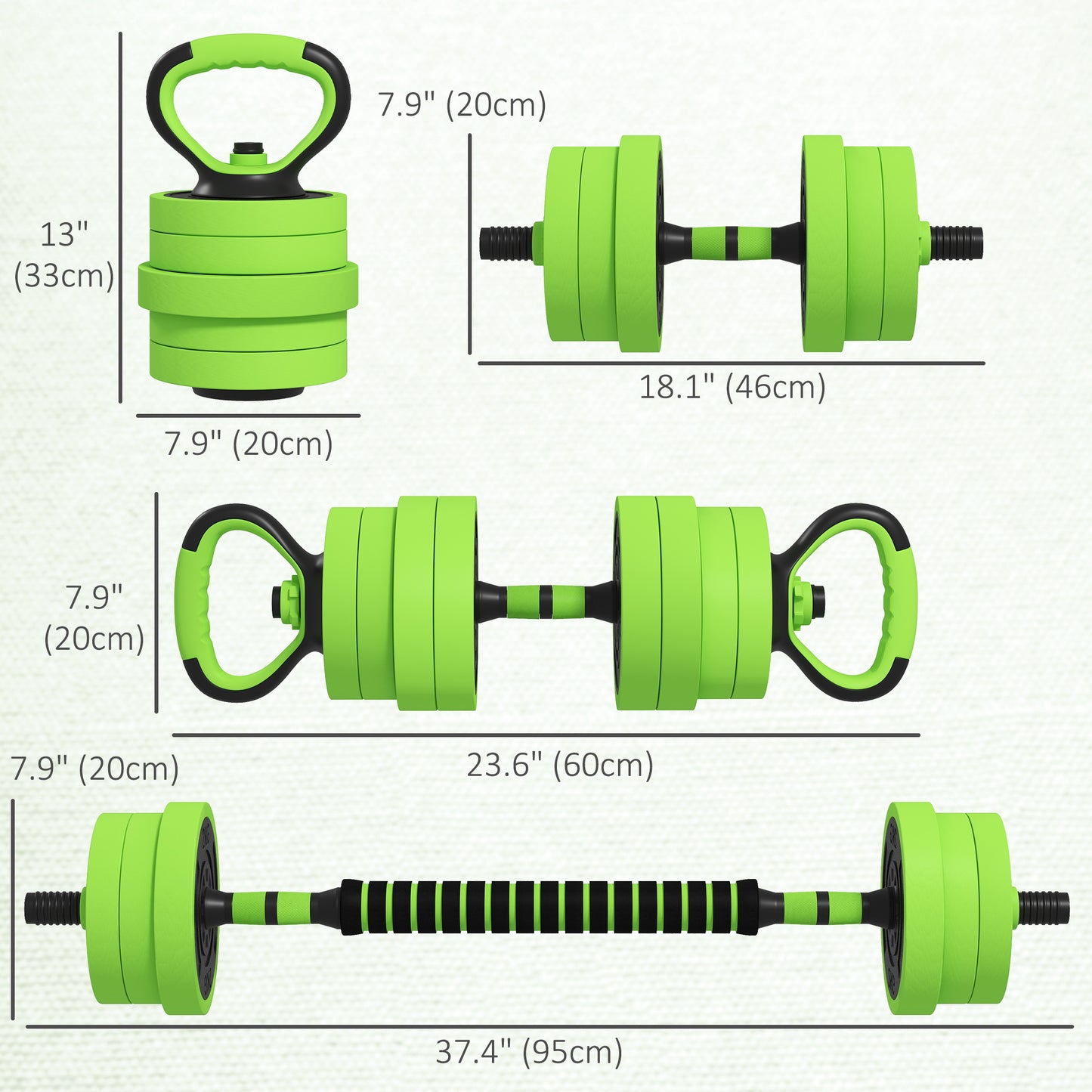 Soozier 88lbs 4-in-1 Adjustable Weight Dumbbell Set, Barbell, Kettlebell, Push Up Stand, Green