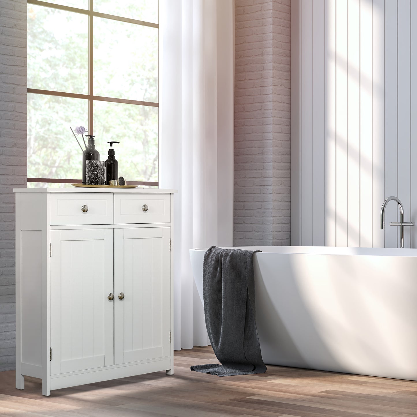 kleankin Freestanding Bathroom Floor Cabinet, Organizer Floor Tower with 2 Door, 2 Drawers, Adjustable Shelf, Grey
