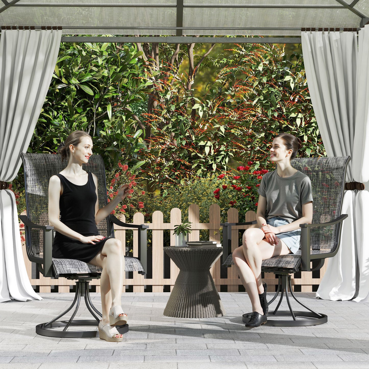 Outsunny 2 Pieces Rocking Swivel Patio Chairs, Mesh Outdoor Swivel Dining Chairs with High Back and Curved Armrests, Mixed Grey