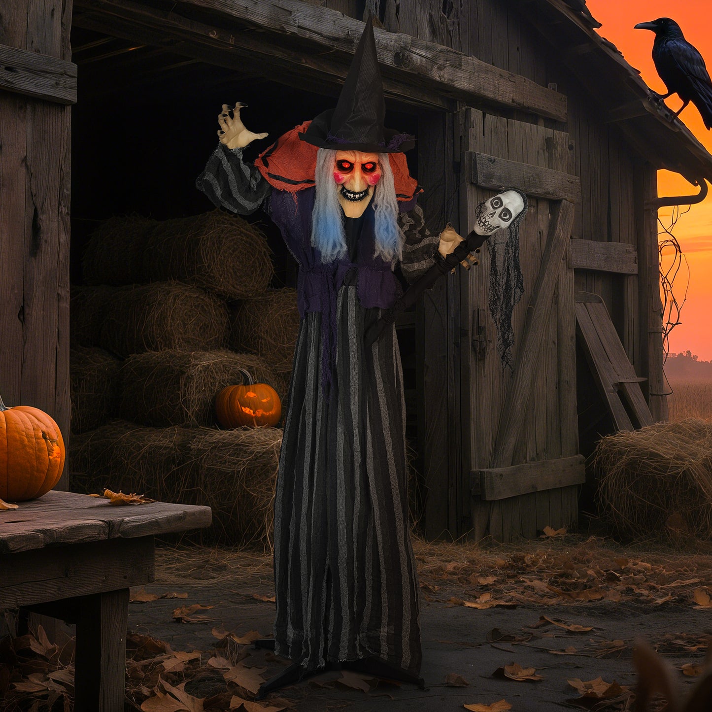 Outsunny Animatronics Standing Witch, Voice-Activated Prop with Skull Staff & Flashing Eyes, Easy Setup Indoor, Orange