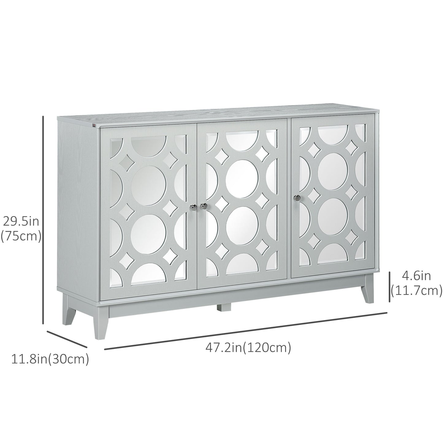 HOMCOM Sideboard Kitchen Buffet Table with 3 Mirrored Doors, 2 Cabinets and Adjustable Shelf, Gray