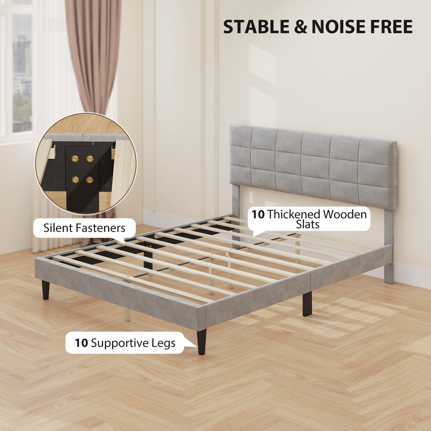 HOMCOM Queen Size Bed Frame with Upholstered Headboard, Modern Platform Bed Frame with Wood Slats, 1100 lbs Capacity, Cream