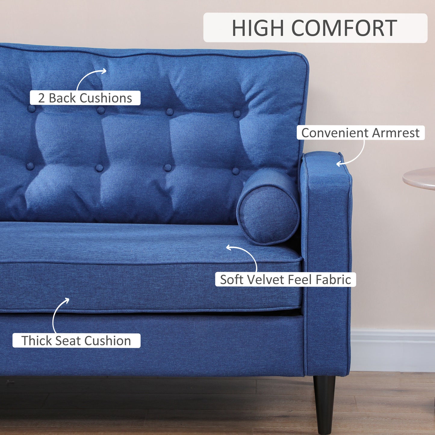 HOMCOM Mid-Century Sofa, Couch with Button-Tufted Back Cushion, Velvet Feel Fabric Upholstery, 2 Cylindrical Pillows and Rubber Wood Legs for Living Room, Dark Blue