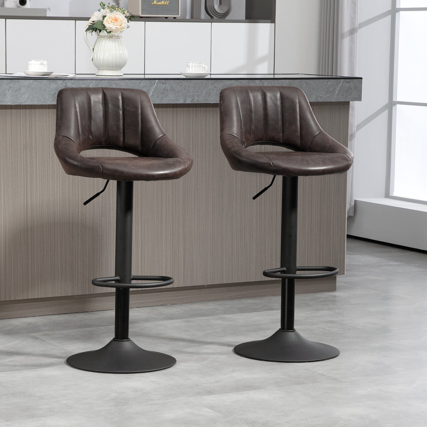 HOMCOM Bar Stools Set of 2, Swivel Counter Height Barstools with Adjustable Height, Linen Upholstered Bar Chairs with Round Metal Base and Footrest, Blue