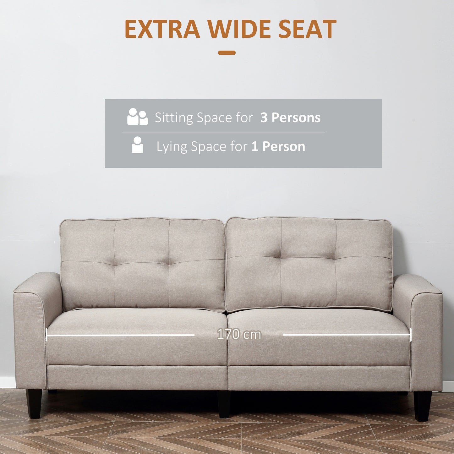 HOMCOM 3-Seater Sofa, Mid-Century Linen Couch with Upholstered Seat, Button-Tufted Back Cushion and Rubber Wood Legs for Living Room, Bedroom, Gray