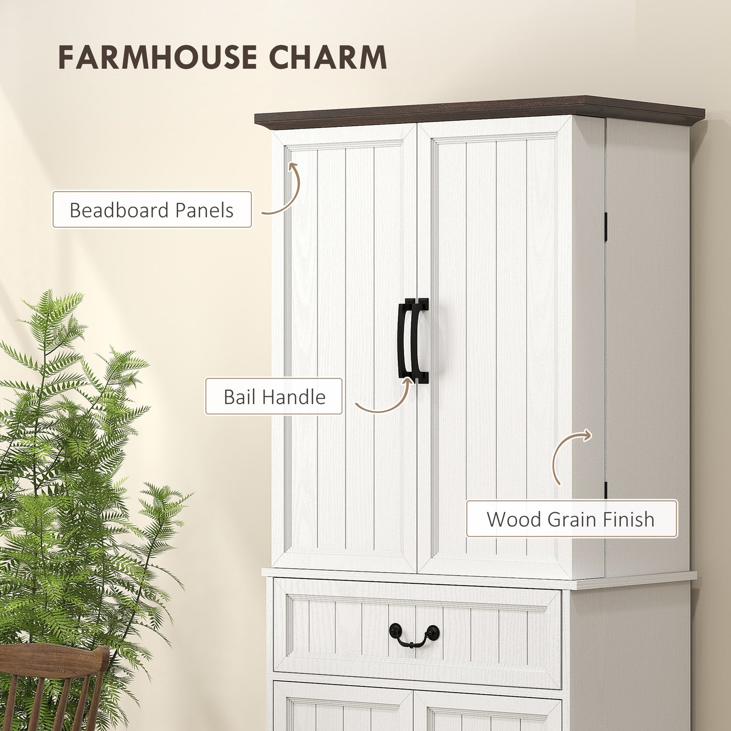 HOMCOM 71" LED Kitchen Pantry Cabinet, Farmhouse Storage Cabinet with Door Shelves, Distressed Brown