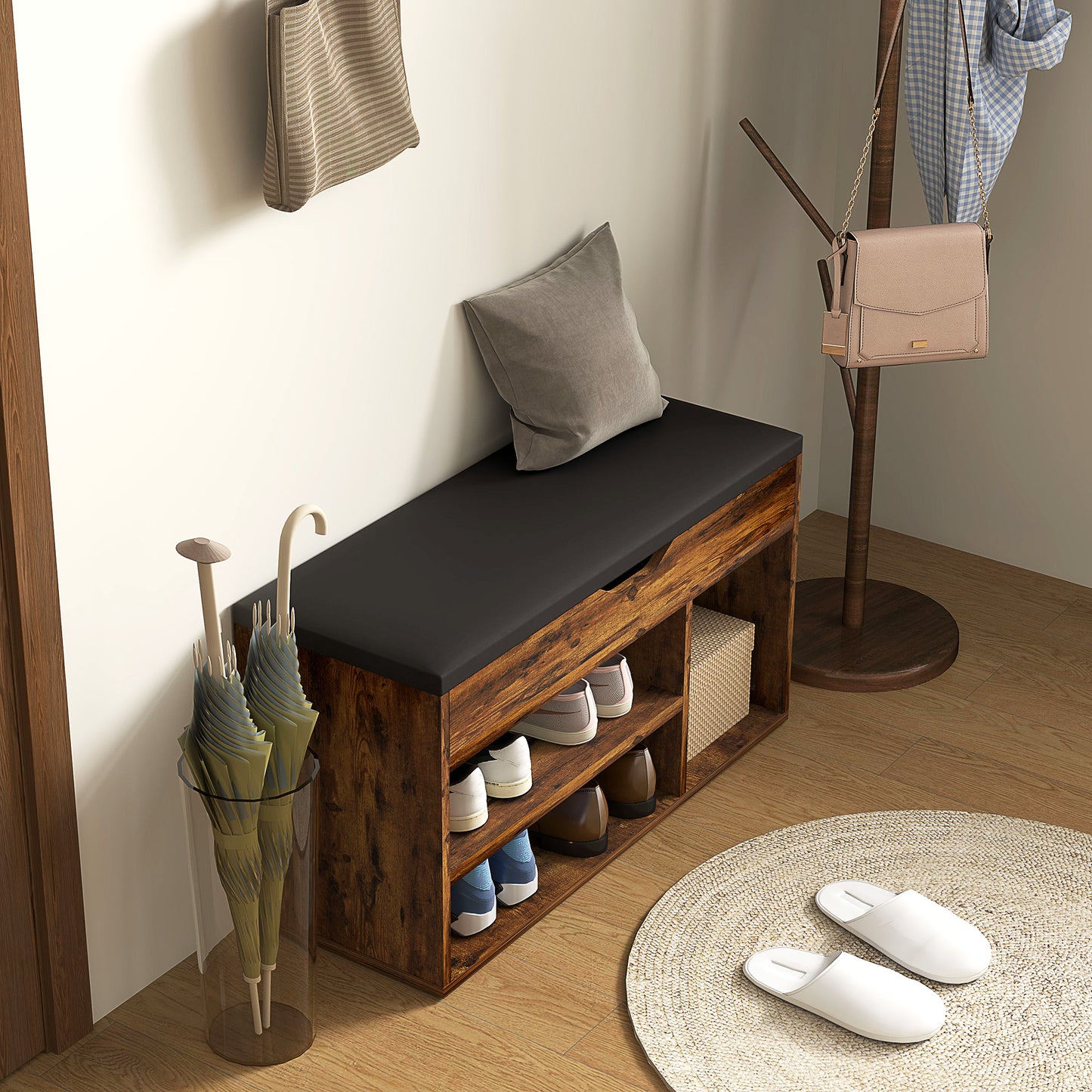 HOMCOM Shoe Bench Entryway Storage Rack with Padded Cushion, Hidden Storage for Hallway, Living Room, Black