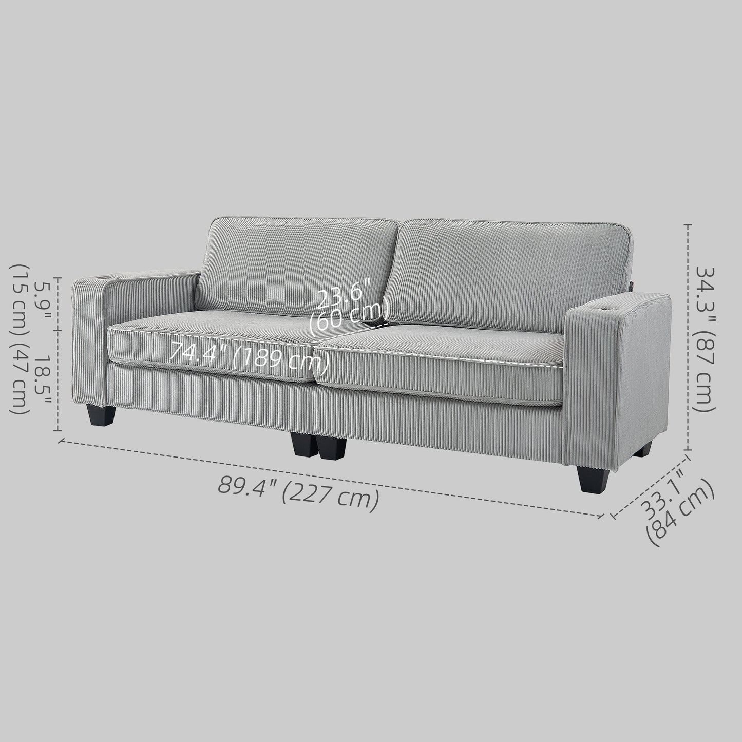 HOMCOM Three Seater Sofa, Fabric 3 Seater Couch with Spring Cushion and Cup Holders for Living Room, Bedroom, Cream White