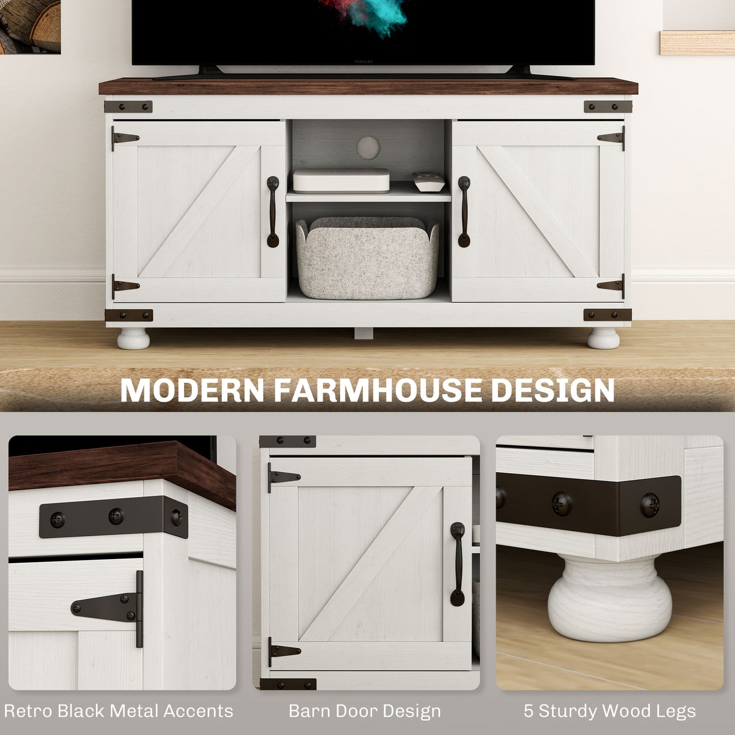 HOMCOM Farmhouse TV Stand for up to 50" TV, TV Cabinet with Barn Doors, Cable Management for Living Room, Distressed White