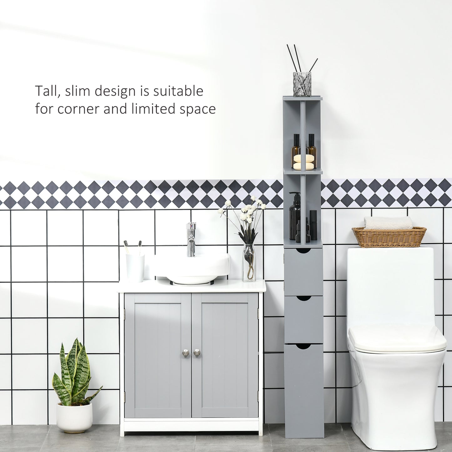 HOMCOM Tall Bathroom Storage Cabinet, Narrow Bathroom Cabinet with Drawers and Open Shelves for Small Spaces, White and Grey