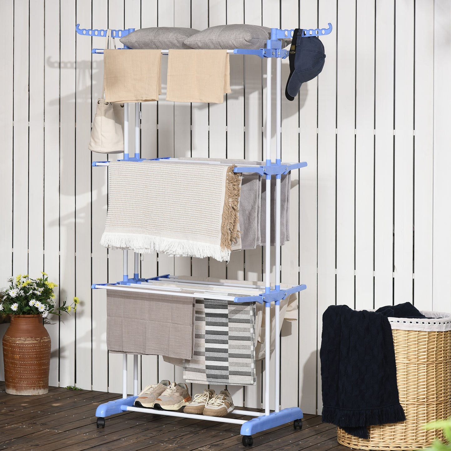 HOMCOM Foldable Clothes Drying Rack, 4-Tier Steel Laundry Rack for Drying Clothes with 2 Side Wings and 4 Castors, Indoor and Outdoor Use, Black
