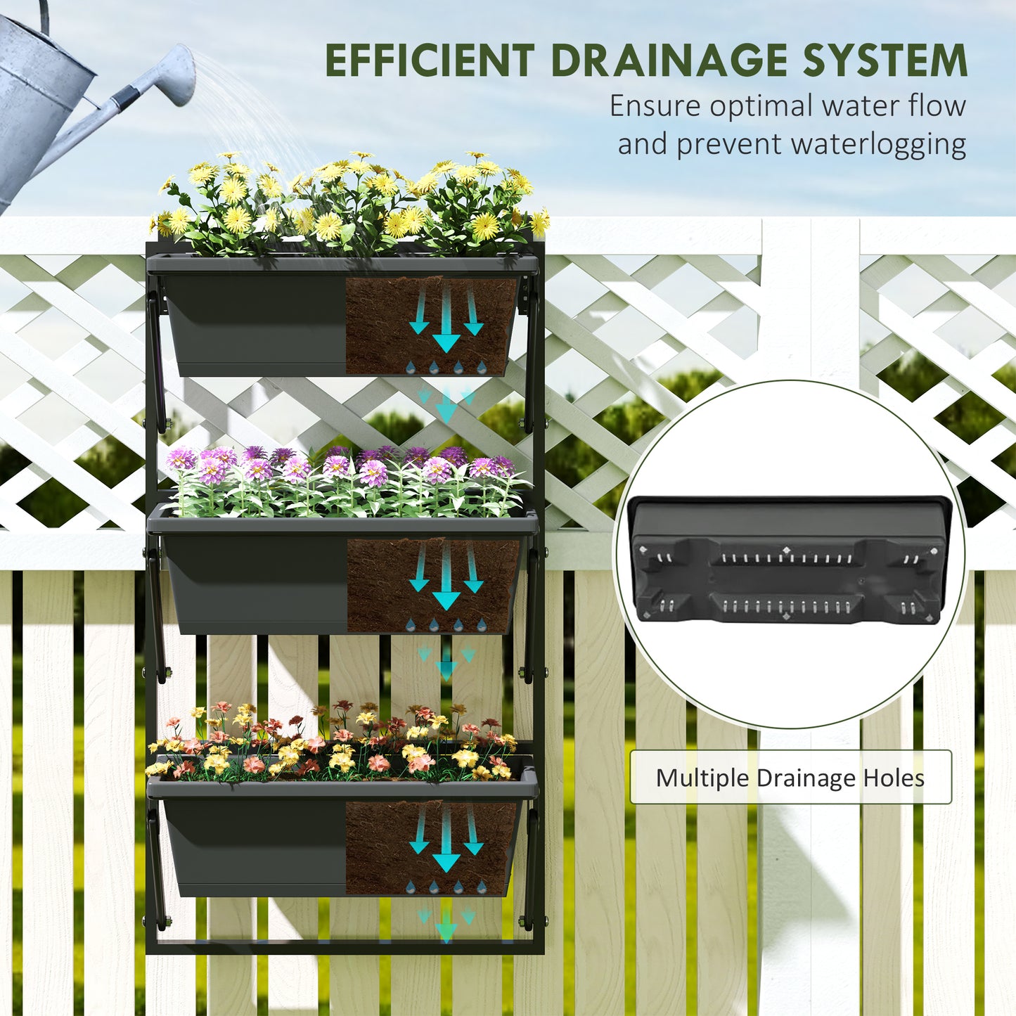 Outsunny 3-Tier Wall-Mounted Planter Box with 3 Pots, Vertical Planters for Outdoor Plants, Dark Grey