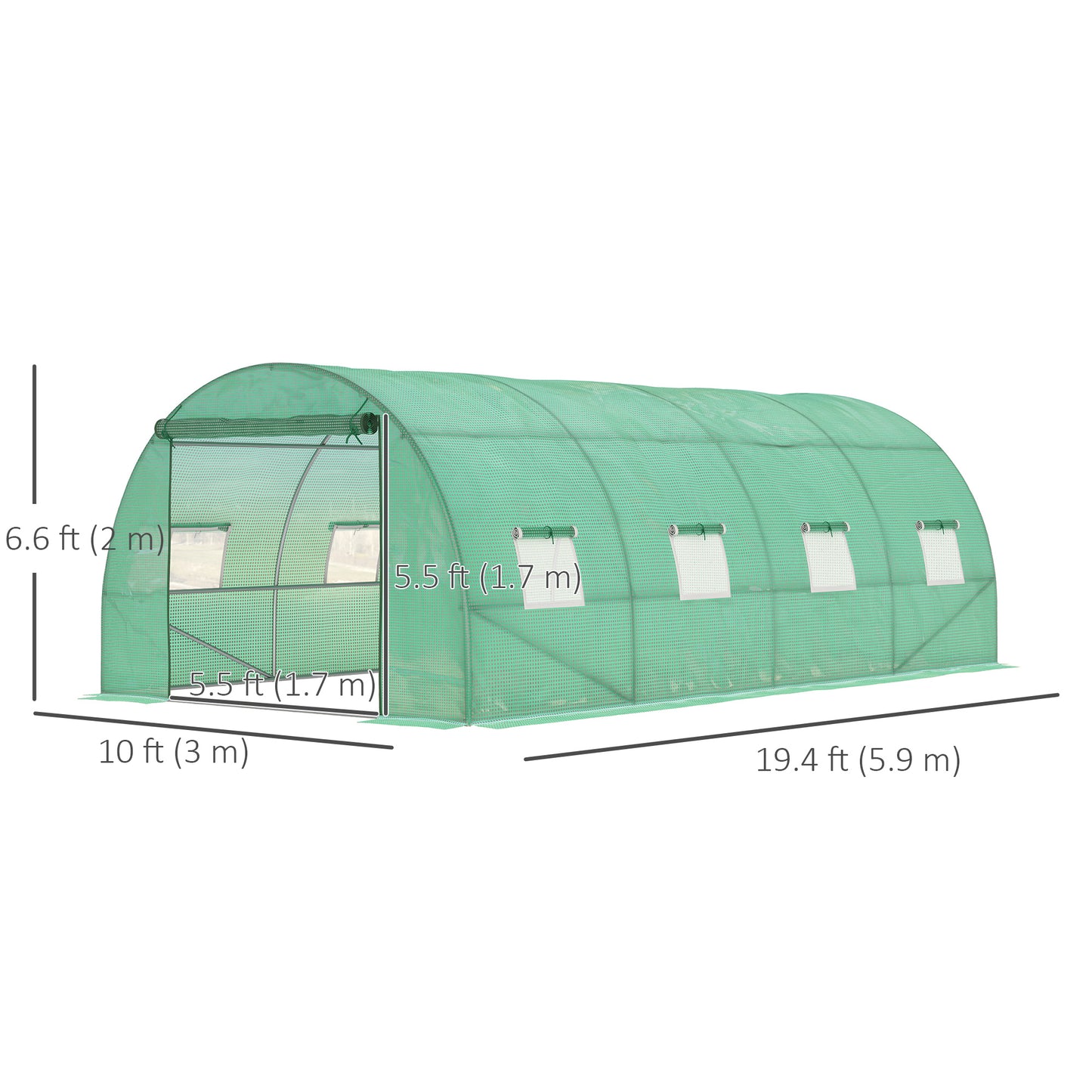 Outsunny Walk-in Tunnel Greenhouse, 13 x 6.4 x 6.5 ft Hoop House with Zipped Roll-Up Door and 8 Mesh Windows, Outdoor Greenhouse with Galvanised Steel Frame, Green