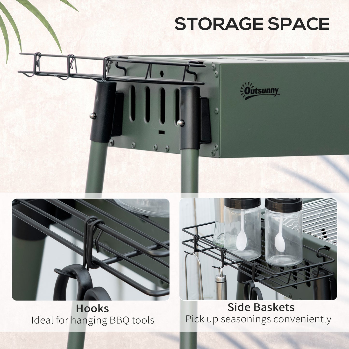 Outsunny Portable BBQ Grill, Charcoal Grill with Side Seasoning Baskets, Hooks and Nets for Outdoor, Picnic, Camping, Dark Green