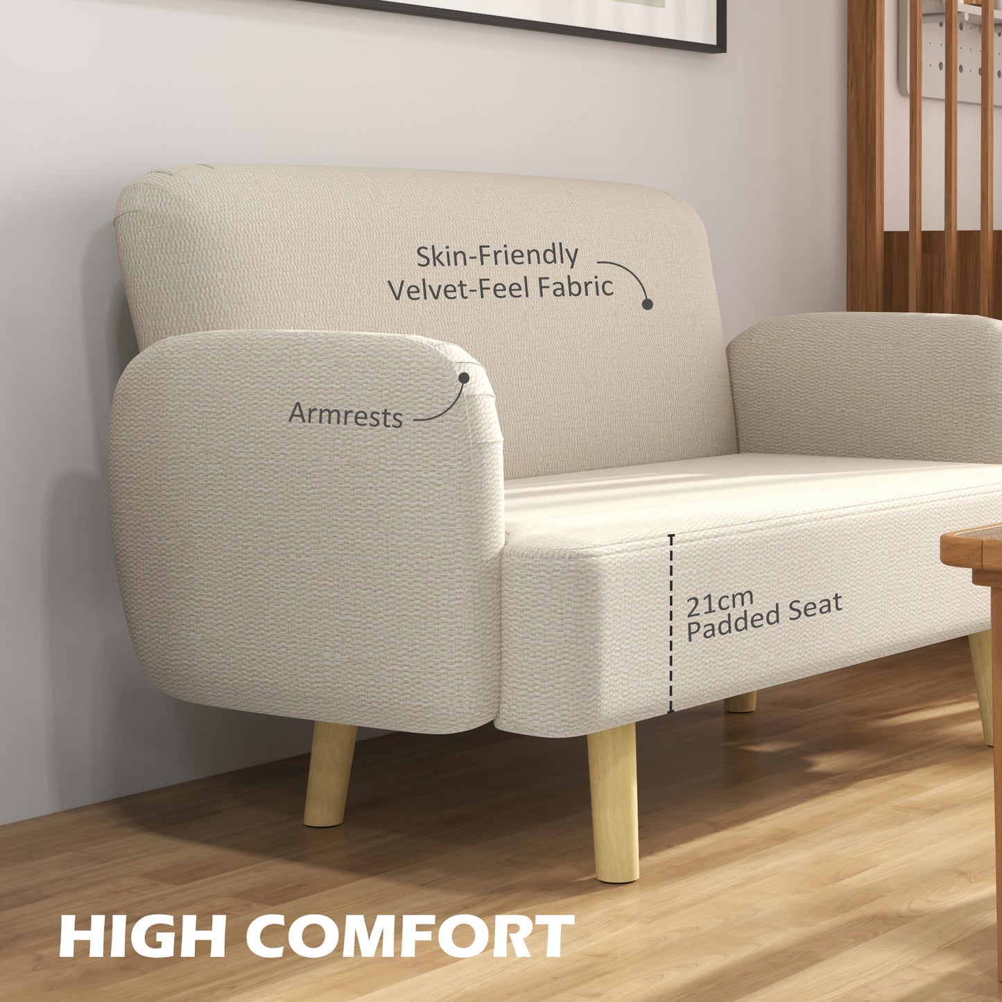 HOMCOM Velvet Feel Fabric 2 Seater Sofa, Small Sofa Loveseat with 8.3" Thick Padding and Wood Legs, Grey
