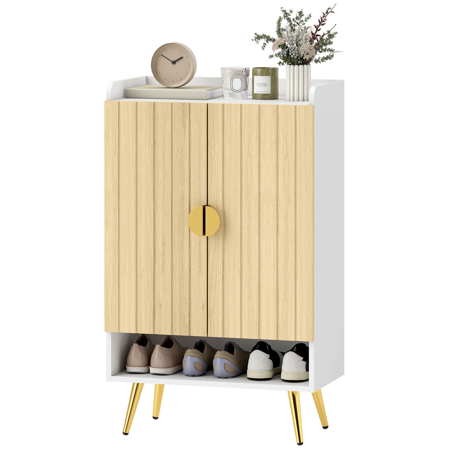 HOMCOM Entryway Shoe Storage Cabinet, Narrow Shoe Cabinet with Adjustable Shelves and Open Shelf for 15 Pairs of Shoes, Grey