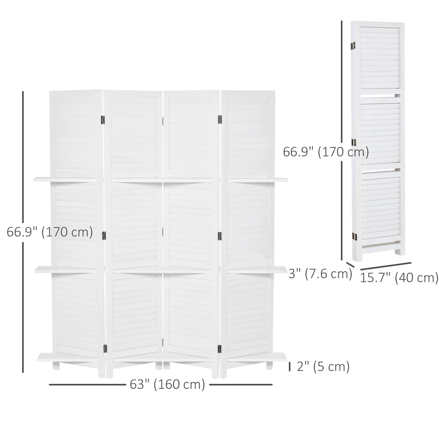 HOMCOM 4-Panel Wall Partition Room Separator with 3 Storage Shelves Foldable Design Wooden Frame 5.6FT White