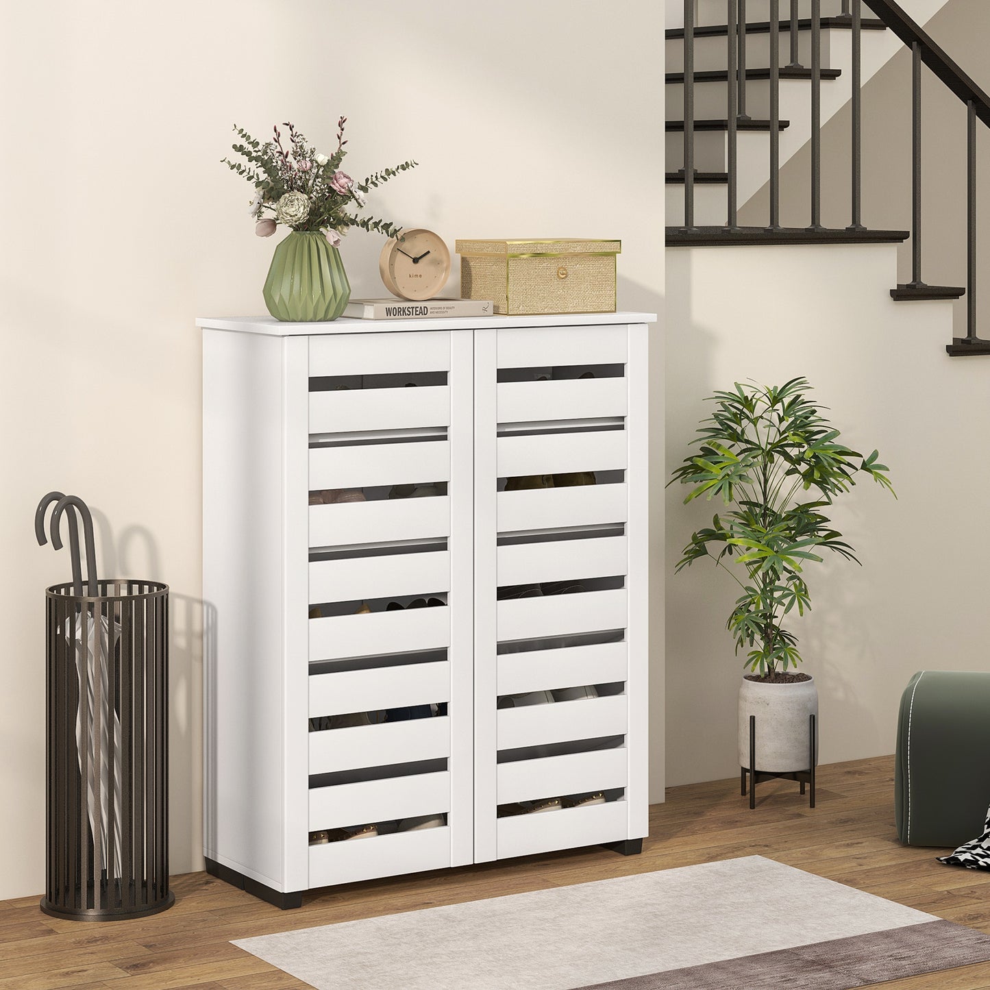HOMCOM Shoe Storage Cabinet, Shoe Cabinet with 2 Slatted Doors for 15 Pairs of Shoes, Black