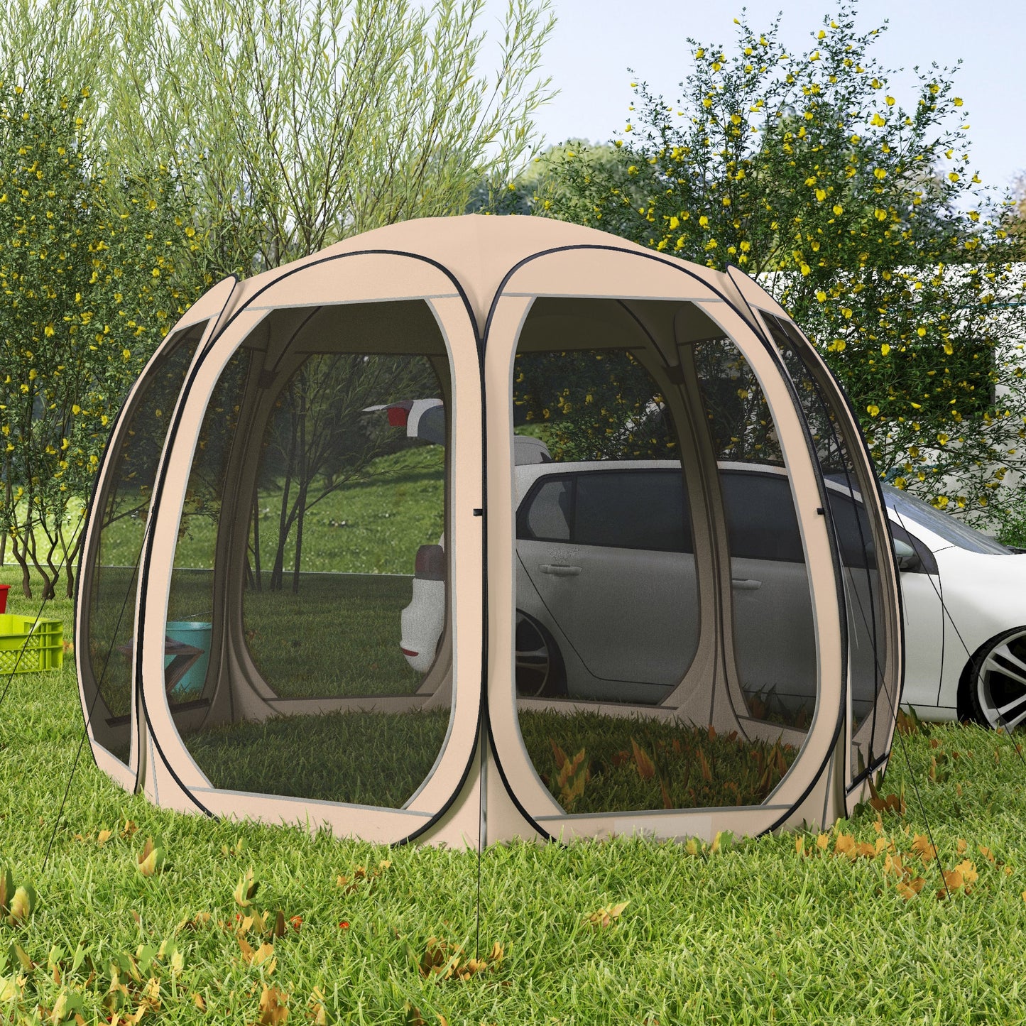 Outsunny 11' x 11.5' Screen Tent, Pop Up Camping Gazebo with Portable Carry Bag and 2 Doors, Cream White
