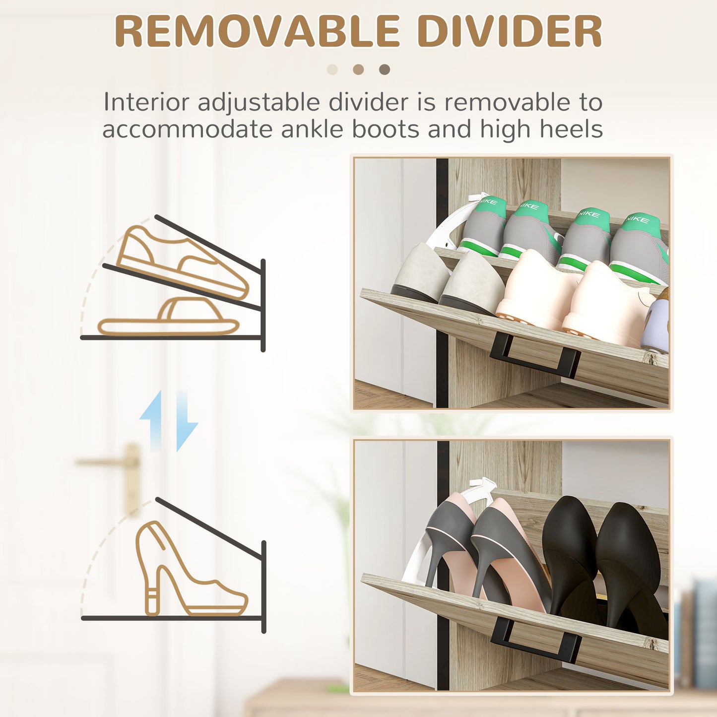 HOMCOM Shoe Cabinet with 3 Flip Drawer, Narrow Slim Shoe Storage Cabinet for 15 Pairs, Walnut