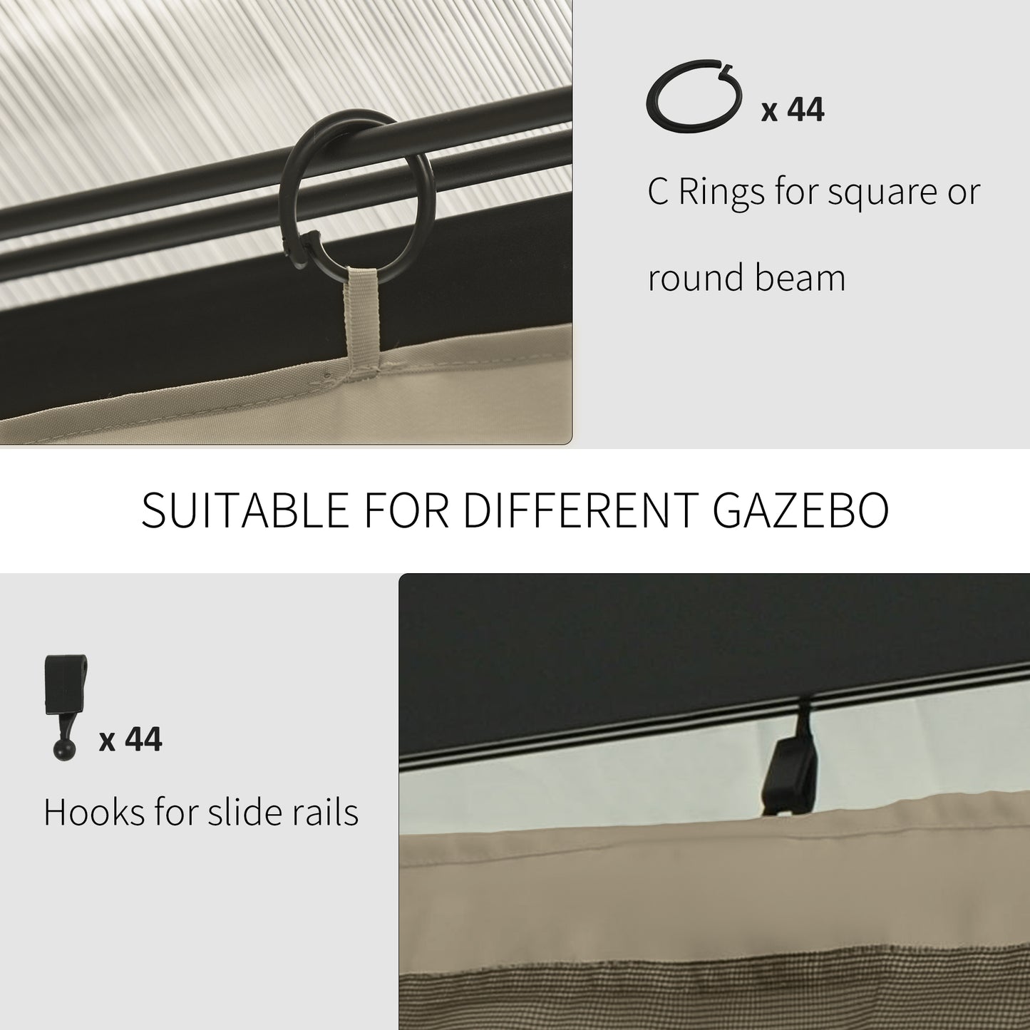 Outsunny 10' x 13' Universal Gazebo Sidewall Set with 4 Panels, Hooks/C-Rings Included for Pergolas & Cabanas, Beige