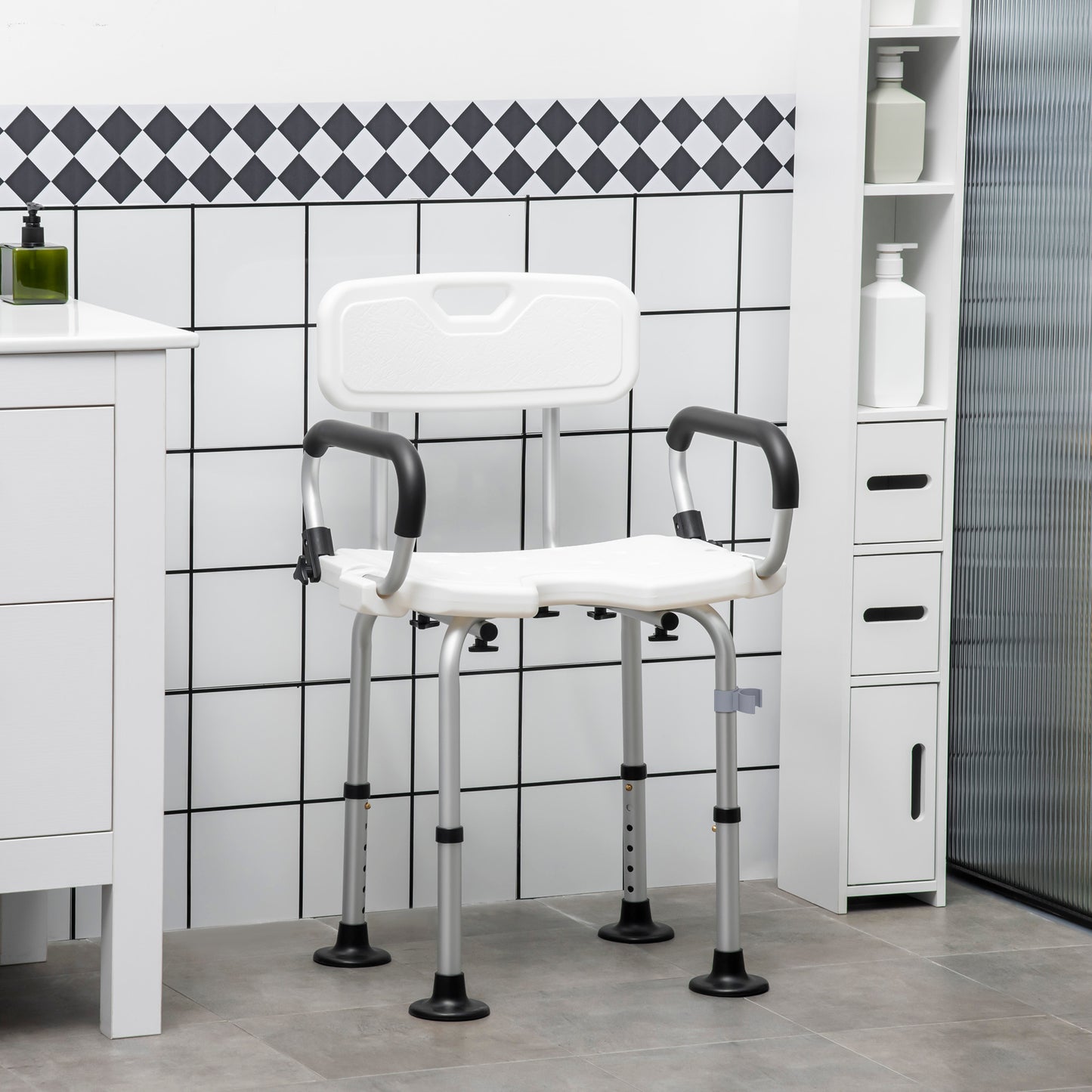 HOMCOM Bath Chair with Back, Adjustable Height Non-slip Shower Stool Bench Tool-Free Assembly Bathroom Aids, White