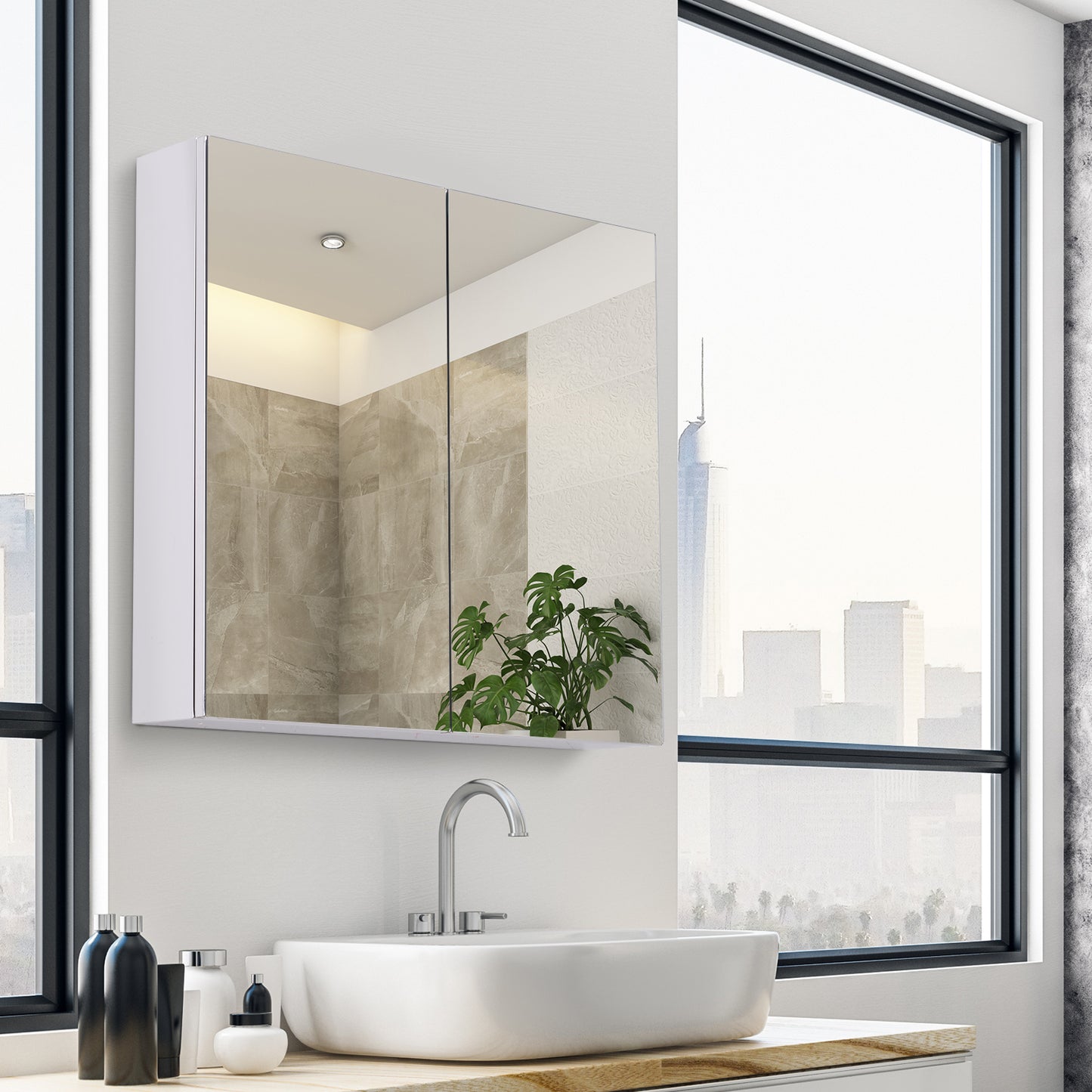 HOMCOM Wall Mounted Mirror Cabinet, Bathroom Medicine Cabinet with Mirror, 2 Doors and 3-tier Shelving, Silver