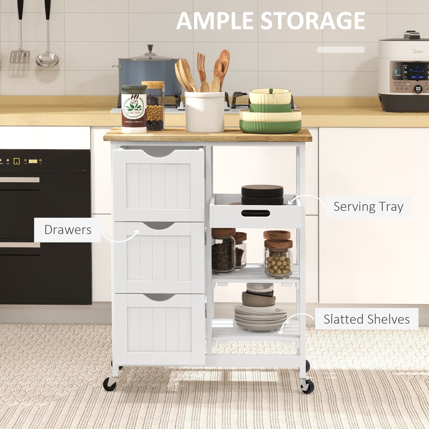 HOMCOM Kitchen Cart on Wheels, Rolling Kitchen Island Cart with Wood Top, 3 Drawers and Shelves for Home Dining Area