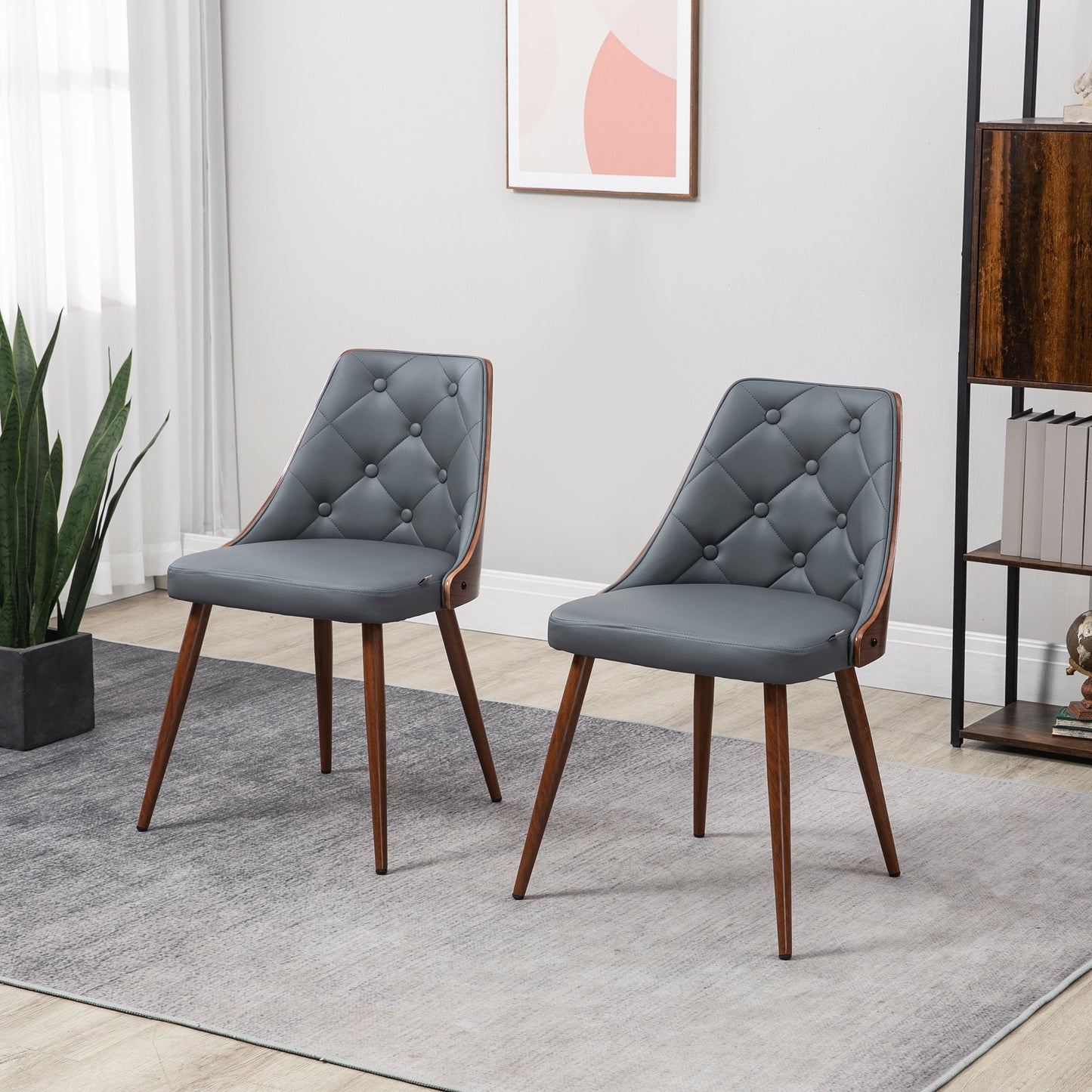 HOMCOM Dining Chairs Set of 2, Tufted Kitchen Chairs, PU Leather Upholstered Seats and Steel Legs for Dining Room, Grey
