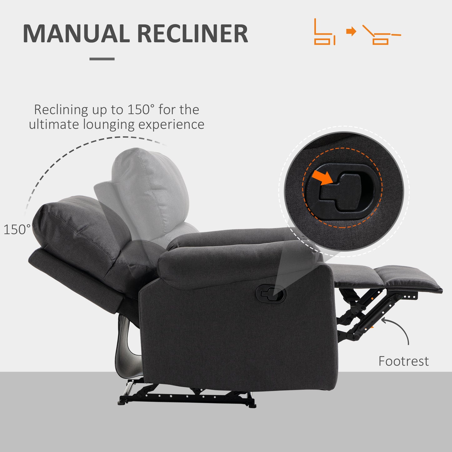 HOMCOM Recliner Chair, Manual Reclining Chair with Footrest, Padded Seat for Living Room, Bedroom, Study, Dark Grey