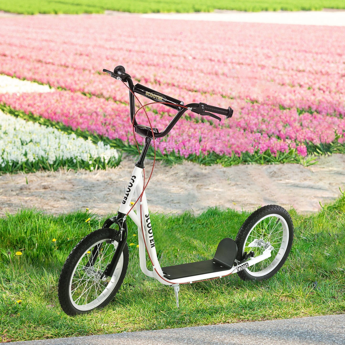 Aosom Kids Kick Scooter for 5+ Year Old, Kids Ride on Toy w/ 16'' Inflatable Wheel Dual Brakes, Black