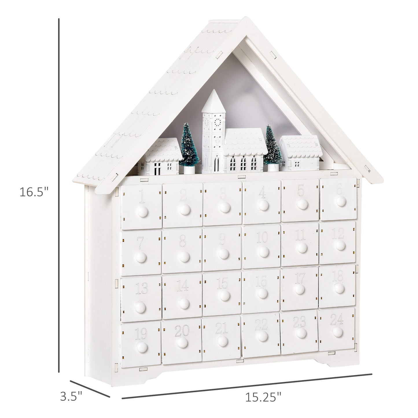 HOMCOM Christmas Advent Calendar, 2022 Light Up Table Xmas Wooden House Holiday Decoration with Countdown Drawer, Village, for kids Adults, White