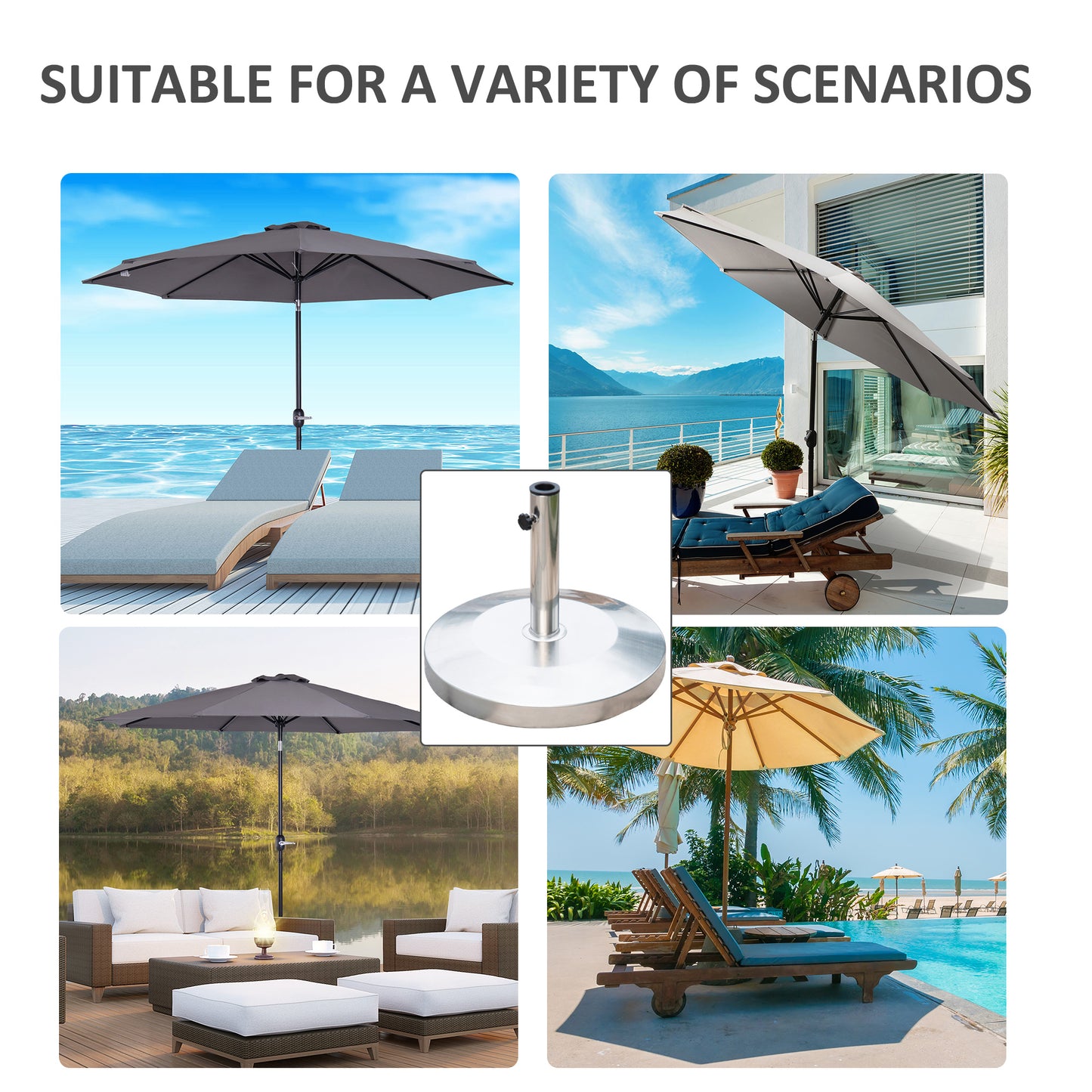 Outsunny 19" Round Patio Umbrella Stand, Stainless Steel Base Stand Holder, Silver