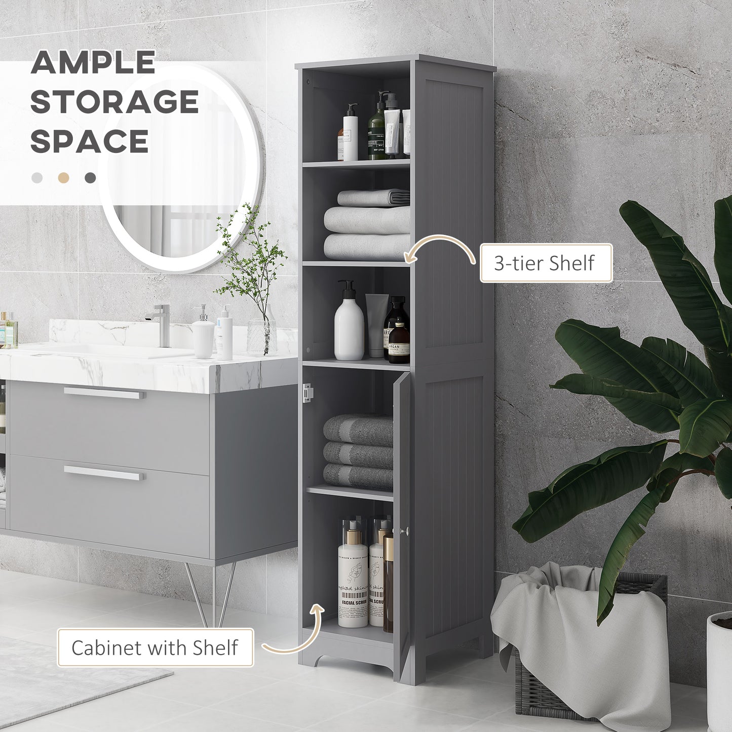 kleankin Tall Bathroom Storage Cabinet, Freestanding Tower Cabinet with Adjustable Shelf, 3 Open Shelves, White