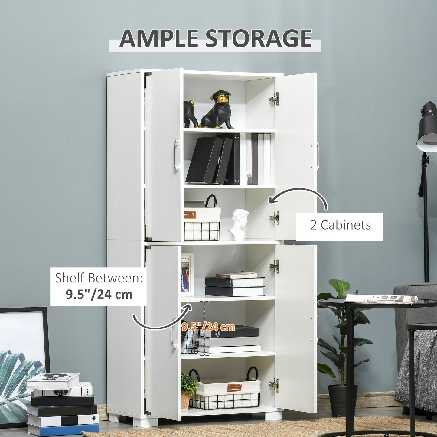 HOMCOM Farmhouse Kitchen Pantry Storage Cabinet with 4 Doors, Kitchen Cabinet with Shelves, White