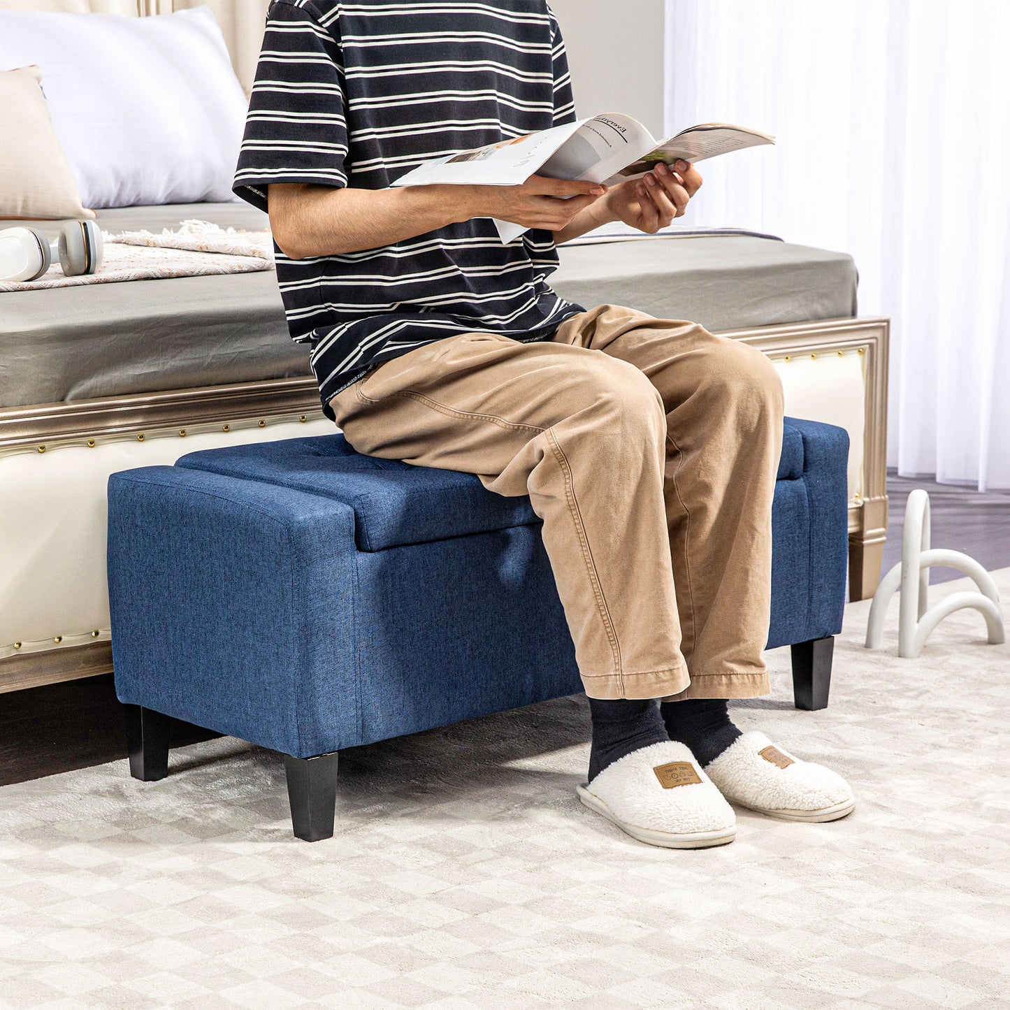 HOMCOM Storage Ottoman Bench Linen-Touch Fabric Tufted Chest Footstool with Flipping Top, Beige
