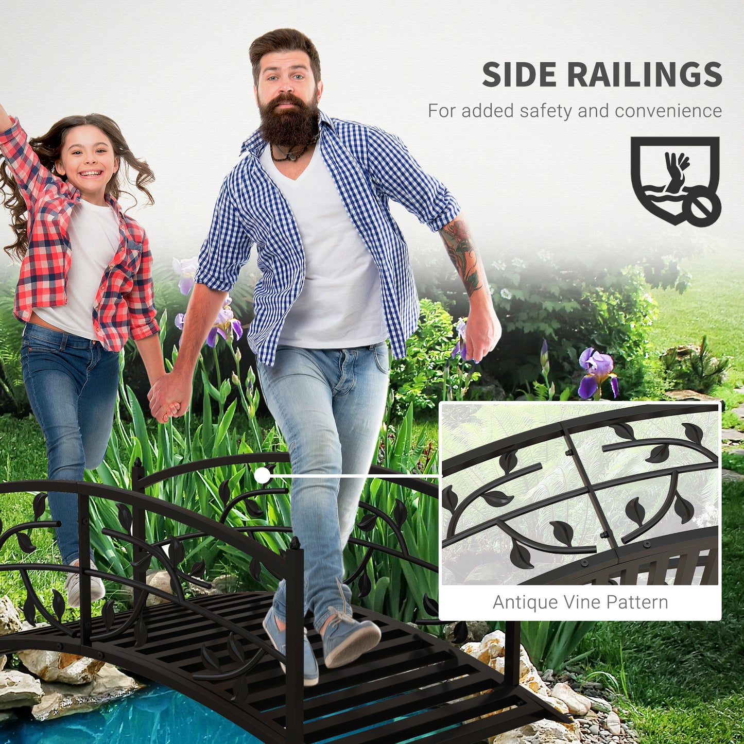 Outsunny 3.3FT Classic Garden Bridge with Safety Railings Arc Footbridge Decorative Pond Bridge for Backyard Creek Stream, Black