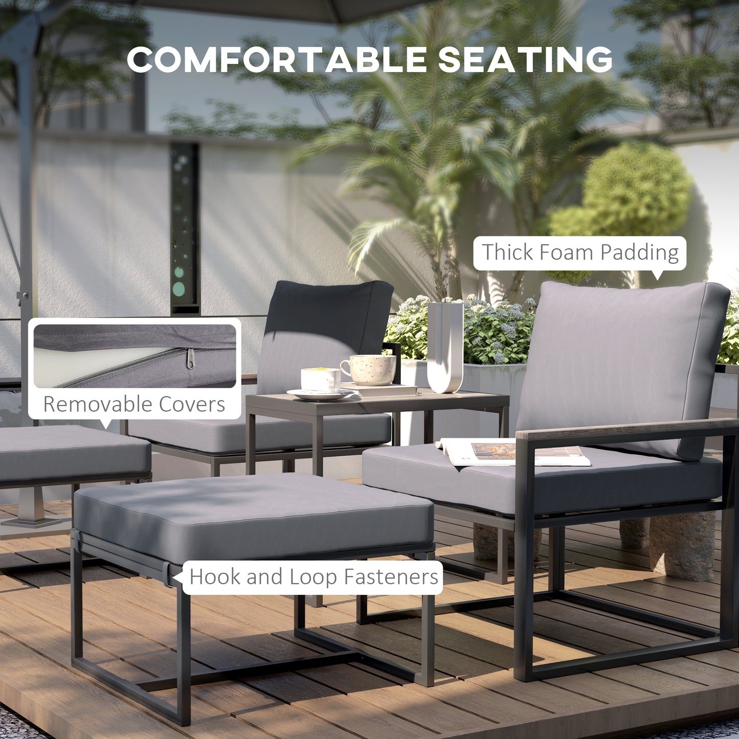 Outsunny 5 Pieces Outdoor Patio Furniture Set with Ottomans, Cushions, Small Patio Sofa Set for Garden, Backyard, Poolside, Grey