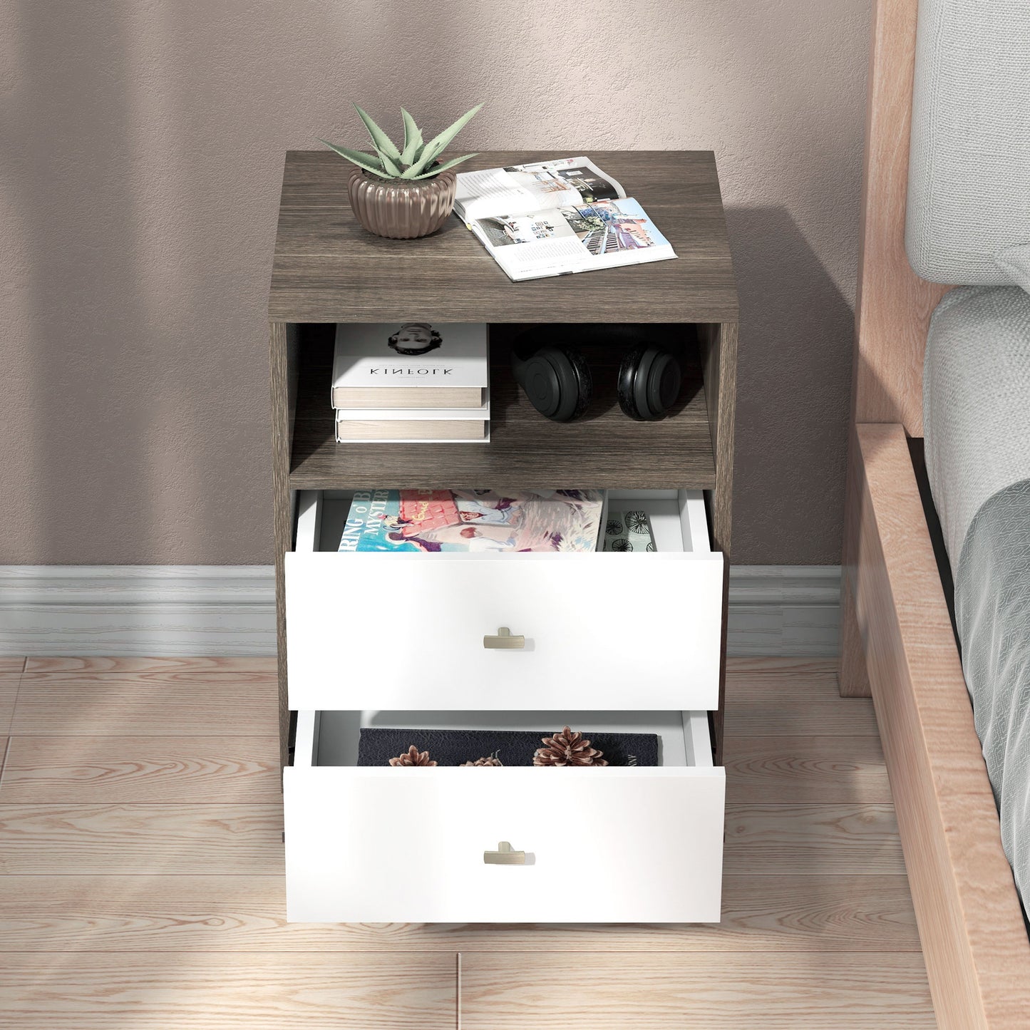 HOMCOM Nightstand Set of 2, Modern Bedside Table, Night Stand for Living Room with 3 Drawers and Open Storage, Grey