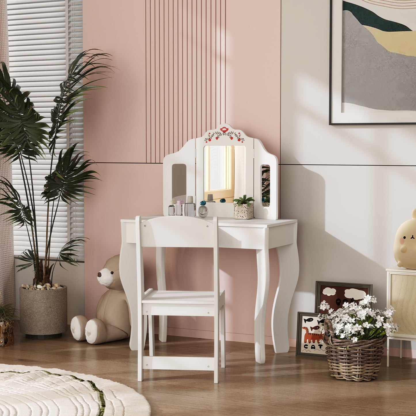 Qaba Kids Vanity Set, Dual-Use Dressing Table with Removable Tri-Folding Mirror and Drawer, for Ages 3-8, Pink