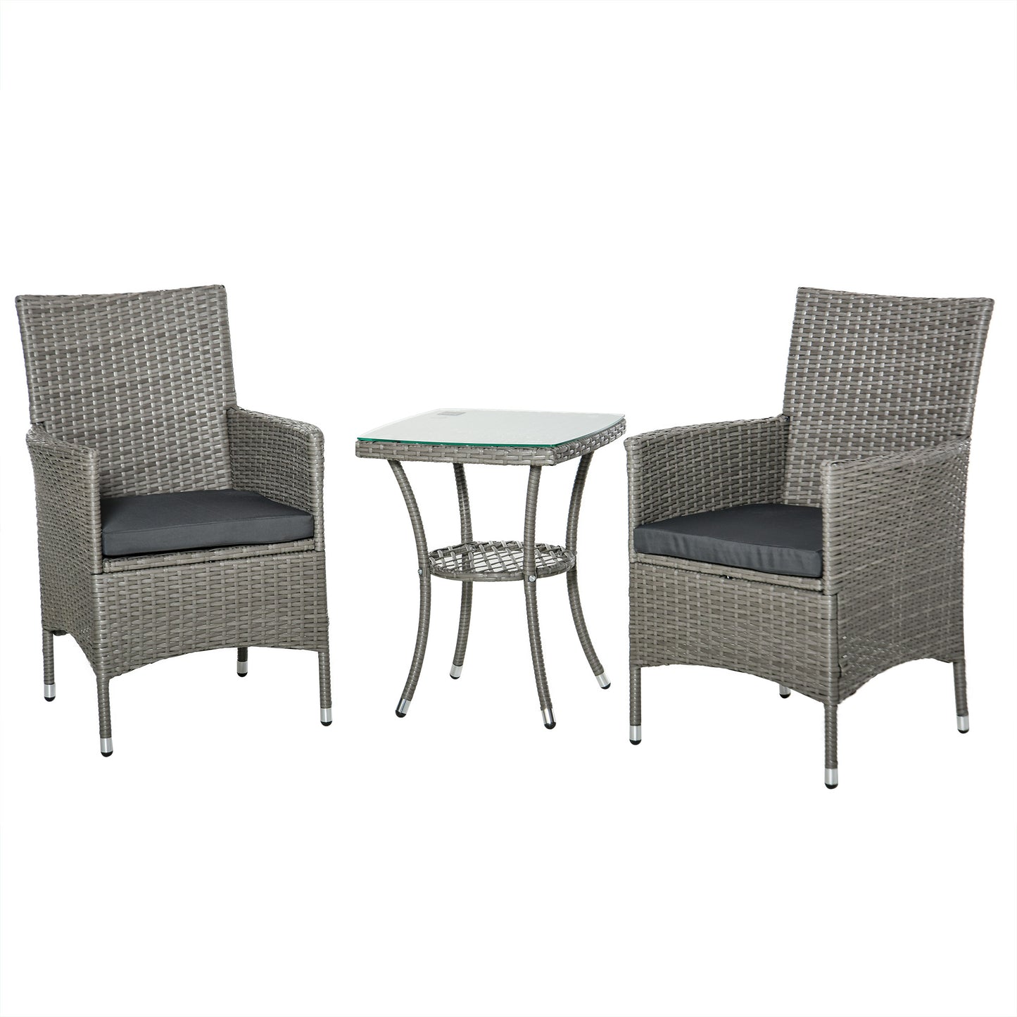 Outsunny 3 Pieces Wicker Patio Furniture Set, Rattan Bistro Set with Glass Top Coffee Table and Cushions, Outdoor Conversation Set for Garden, Porch, Balcony, Grey