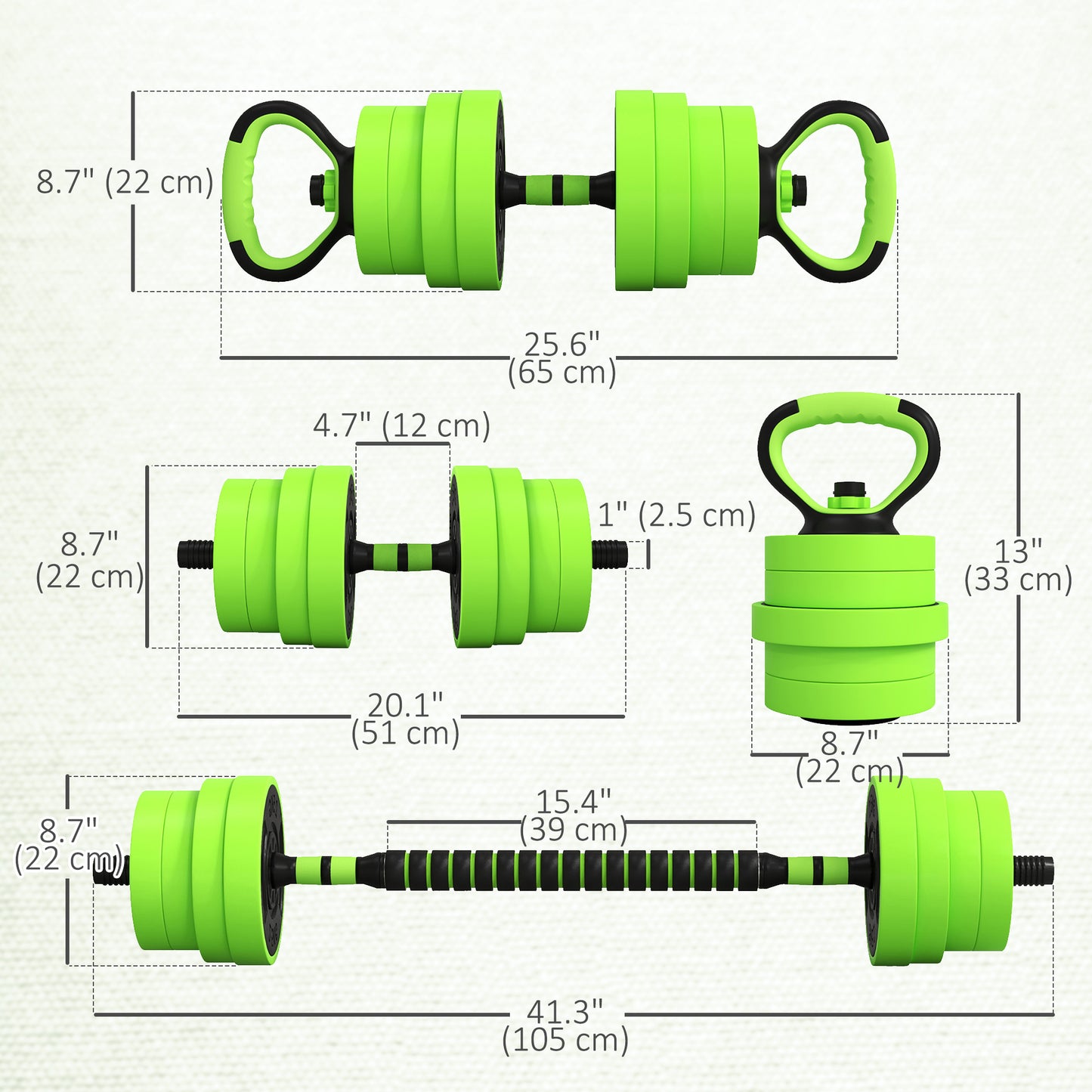 Soozier 88lbs 4-in-1 Adjustable Weight Dumbbell Set, Barbell, Kettlebell, Push Up Stand, Green