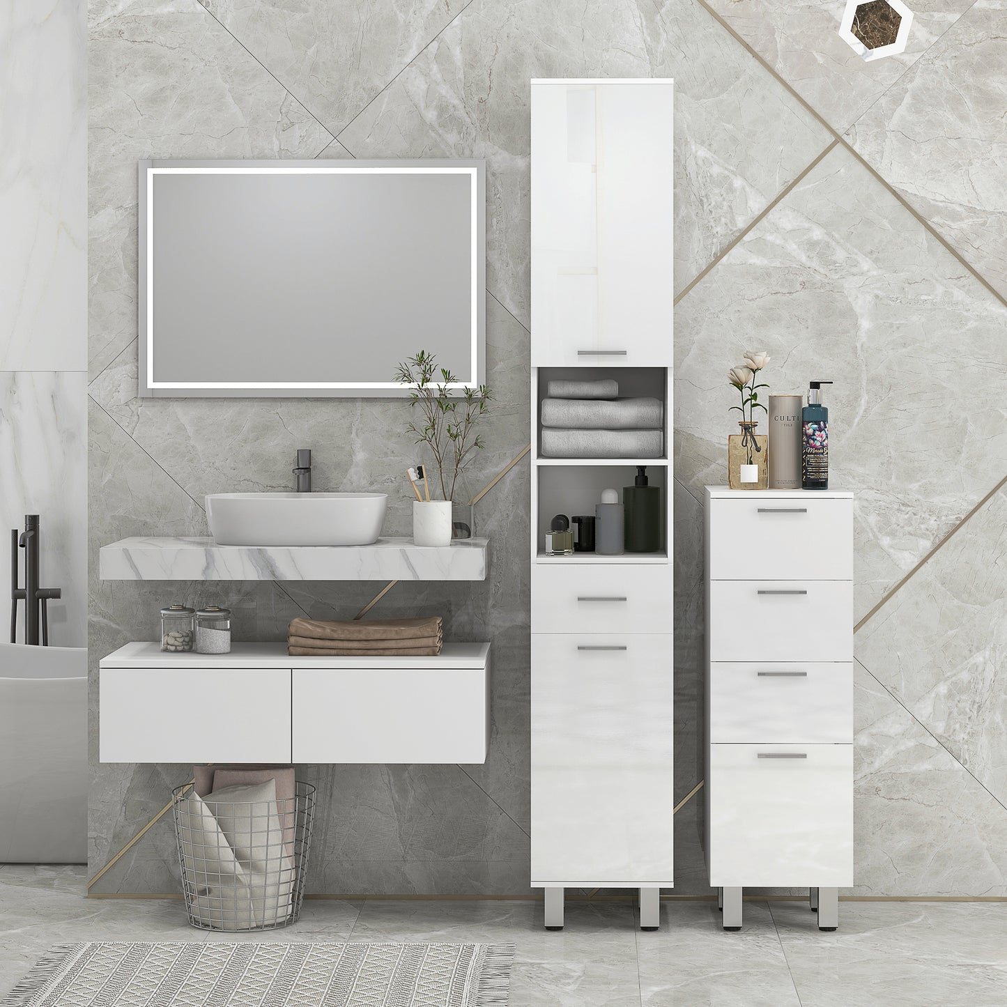 kleankin 71" Tall Bathroom Storage Cabinet, Narrow Linen Tower with Drawer, Open Shelves, 2 Doors Cabinets and Adjustable Shelves, High Gloss White