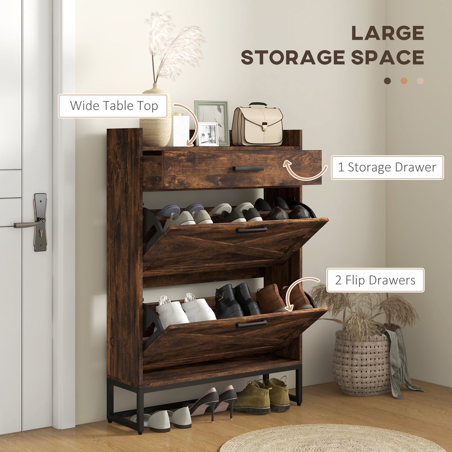 HOMCOM Slim Shoe Storage with 2 Flip Drawers and Adjustable Shelves Shoe Cabinet Organizer for 12 Pair, Distressed White