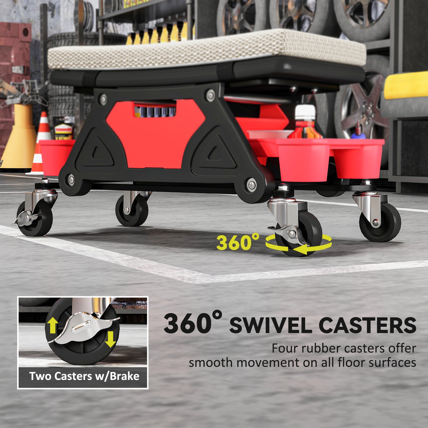 HOMCOM Rolling Garage Stool, 300 LBS Capacity Padded Mechanic Stool with 2.5" Wheels, Adjustable Height 15" -19.7", Red