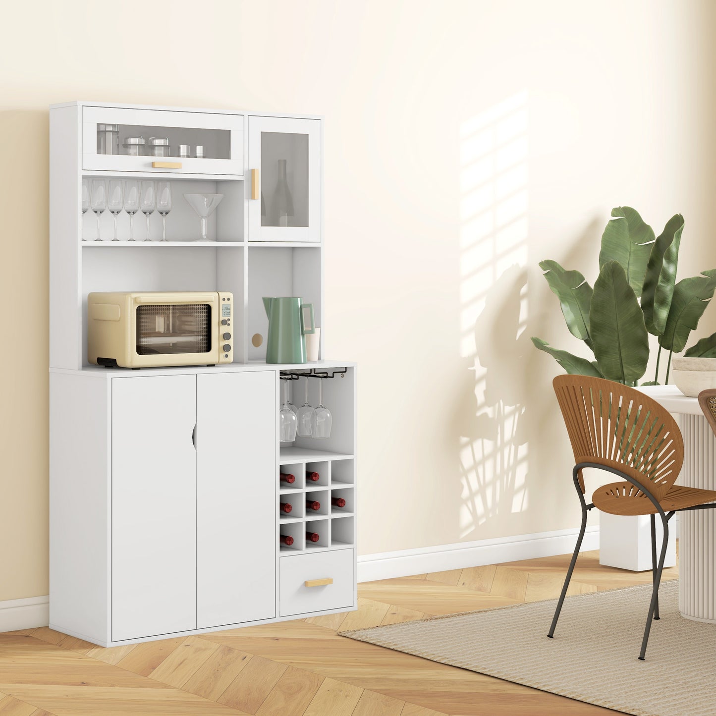HOMCOM Coffee Bar Cabinet, Kitchen Hutch with Wine Storage, Microwave Countertop, Drawer and Tempered Glass Doors, White